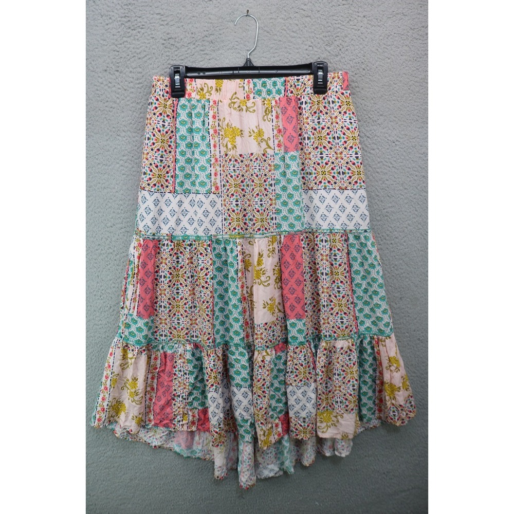 Democracy Patchwork Midi Skirt-Size Large-BOHO-Cottagecore-Prairie-Embroidered